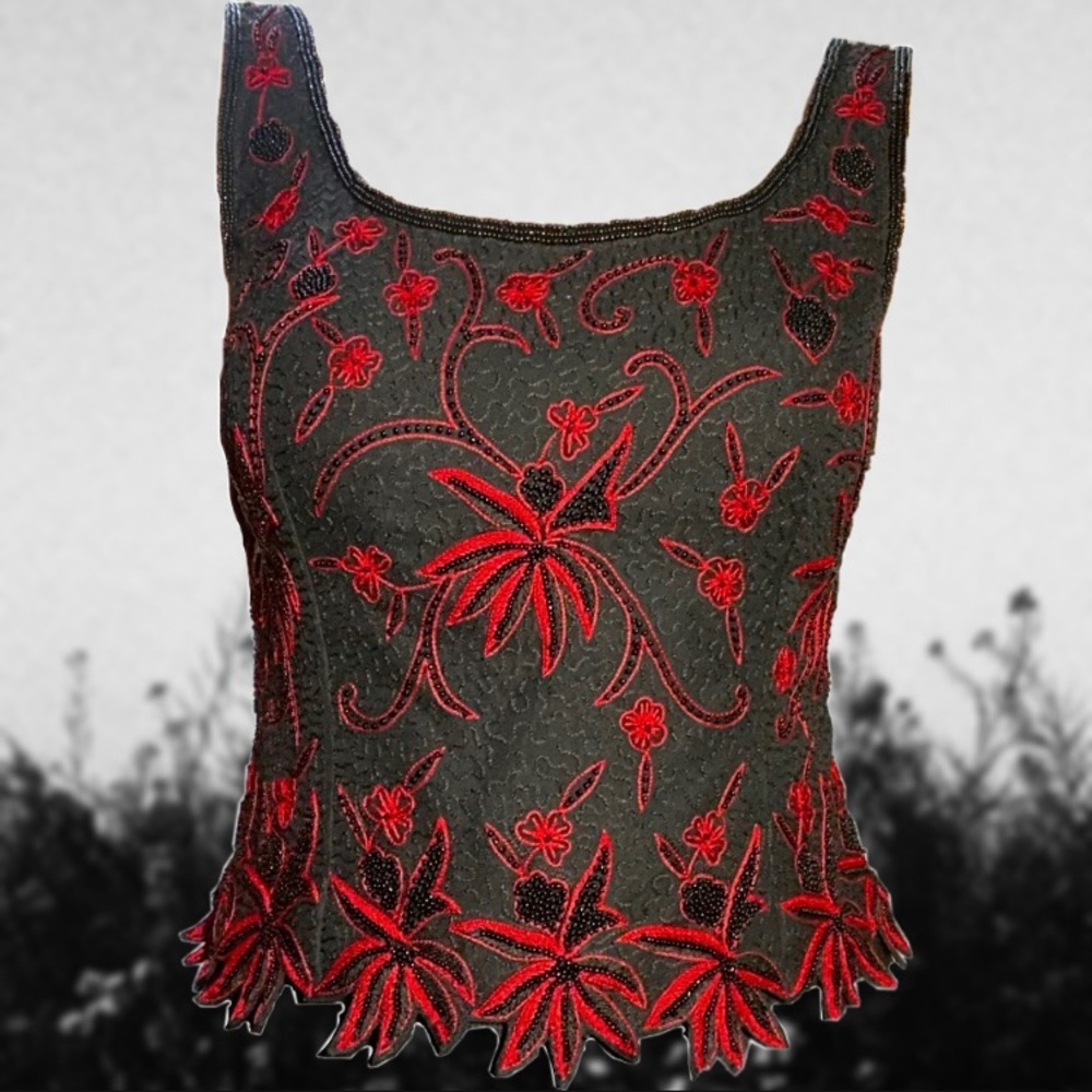 SOLD - Silk Beaded Embroidered Floral Bustier Top - Vampire Vibes 🧛🏻♀️ - Picture 1 of 9